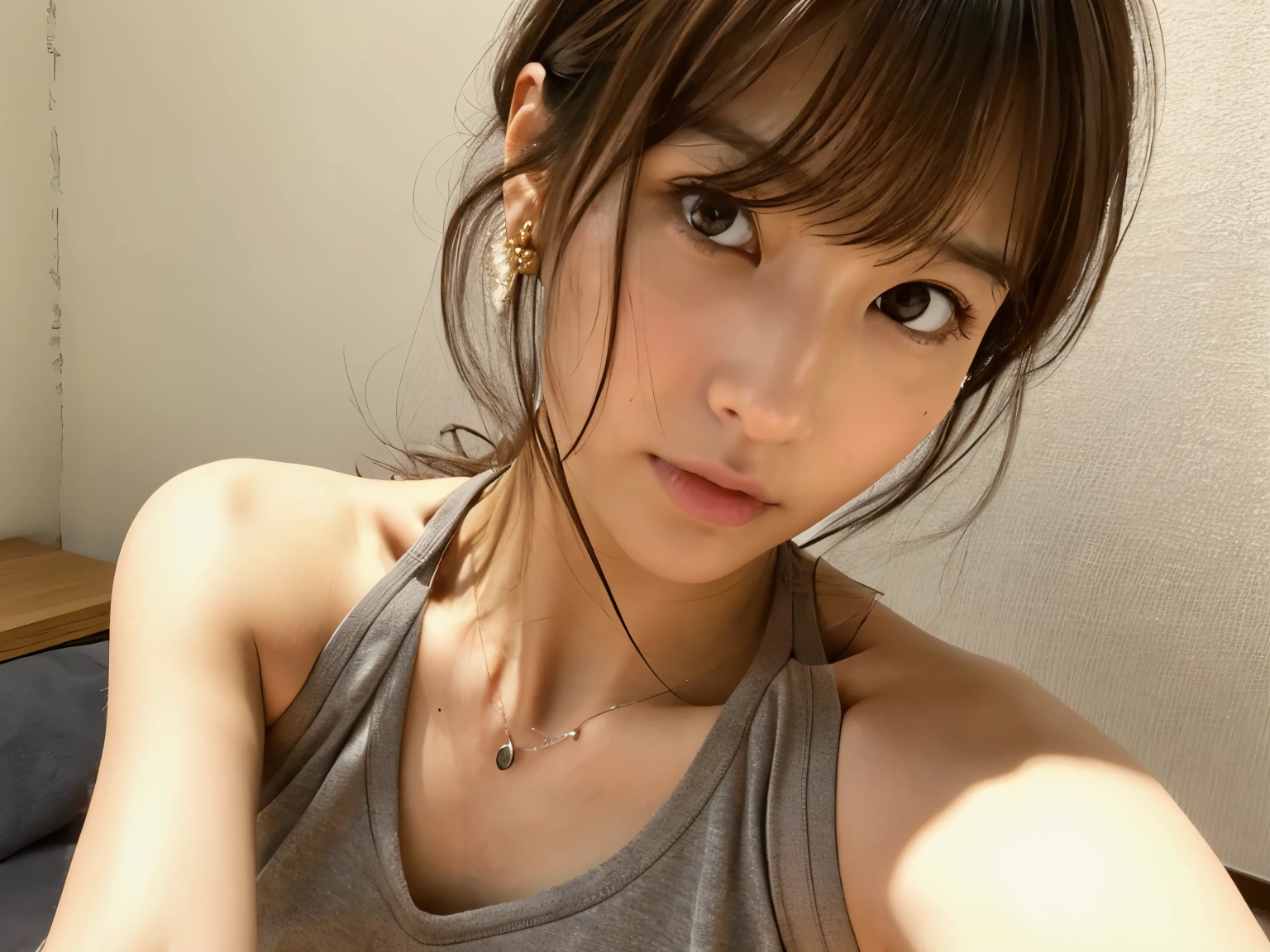 Look into the eyes, Eye contact, Front of face, Front face, face, head, Cross-legged, indoor, Brown Hair, bangs, Light clothing, Tank top, Sweat, Sweatだく, Sweatかき, clavicle, Cross-legged, Light from below, chest, Earrings, bed, Wet