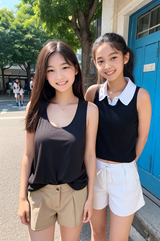 In town、Wearing a light brown sleeveless top、Wearing shorts、Hairstyle: Middle、smile、Breasts are very small、Primary school students