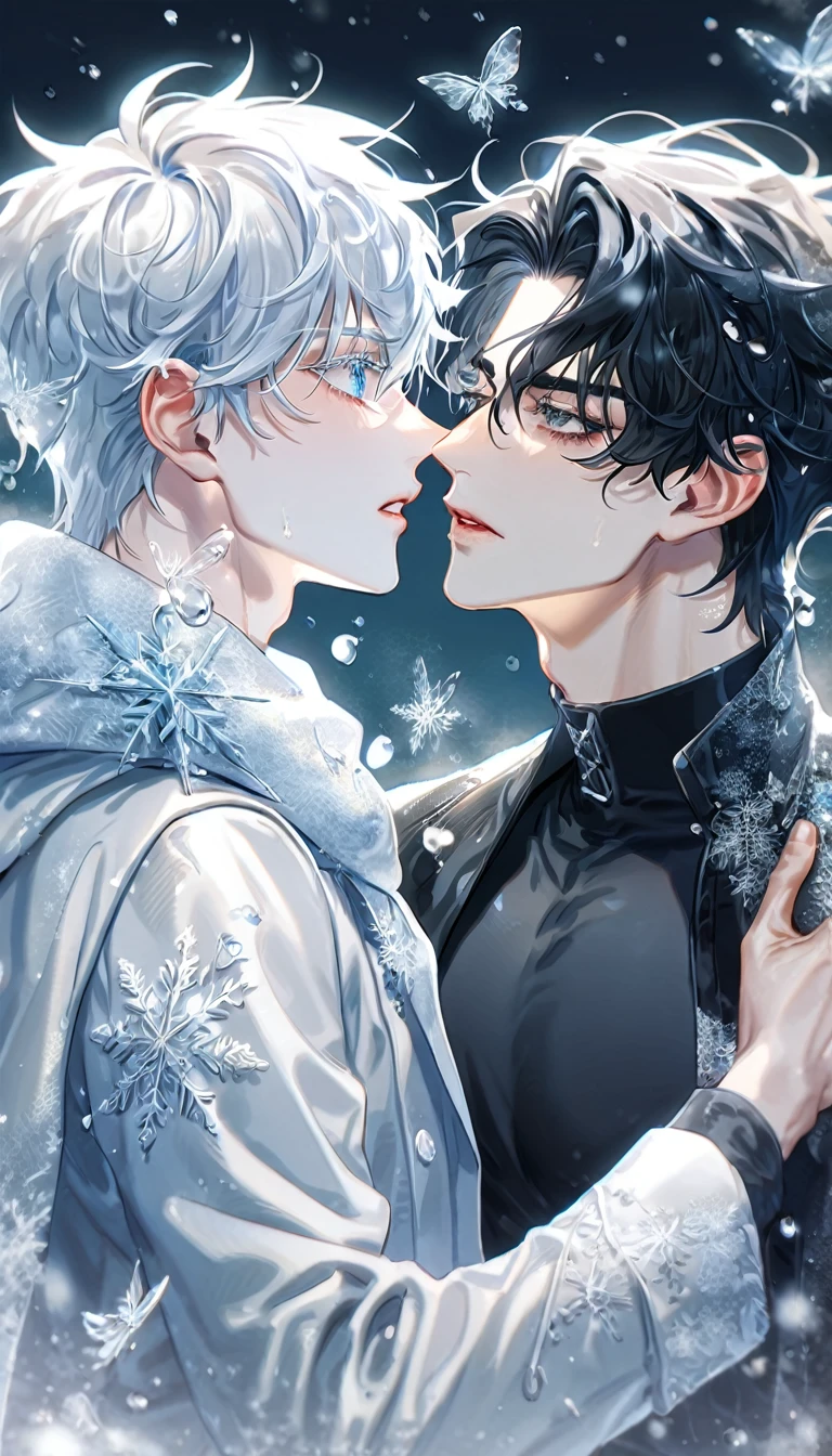 (absurdres, highres, ultra detailed, HDR) master piece, best quality, extremely detailed face, delicated features, Gojou Satoru, white hair, expressive blue eyes, white eyelashes, Omniscient Reader's Viewpoint, Yoo Joonghyuk, black hair, expressive gray eyes, two sexy men together, yaoi, gay couple, white coat, black coat, black tight shirt, scarf, snowing, snow, snowflakes, ice butterflies, night sky, magical, fantasy, winter