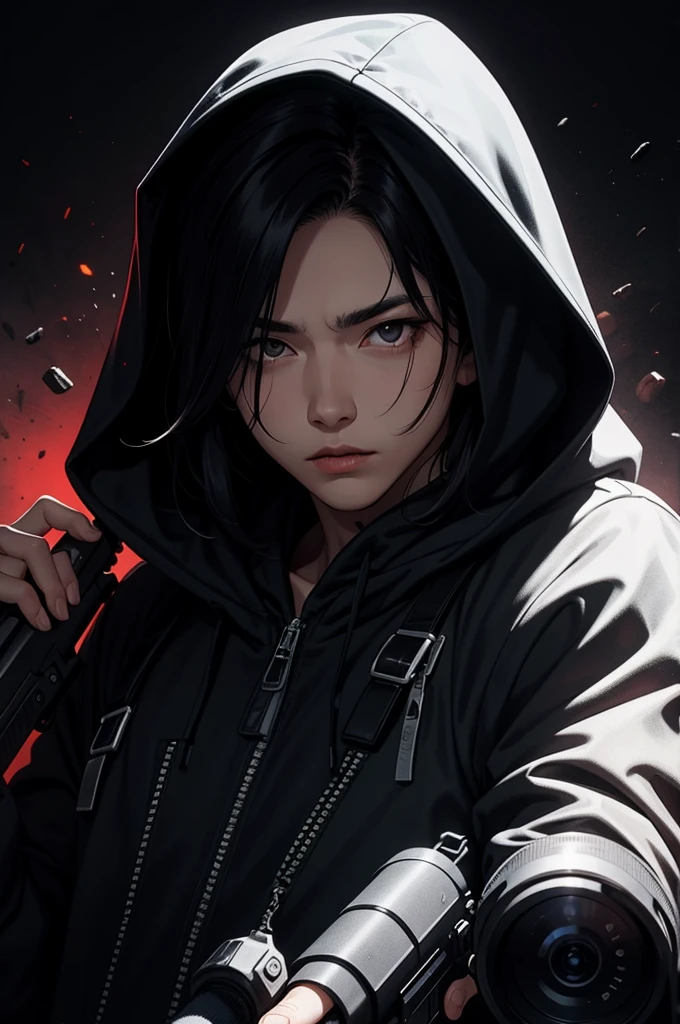 male、whole body、Black hair、Center Parting、Black hood、Assassin、Dark Background、Big gun in hand、