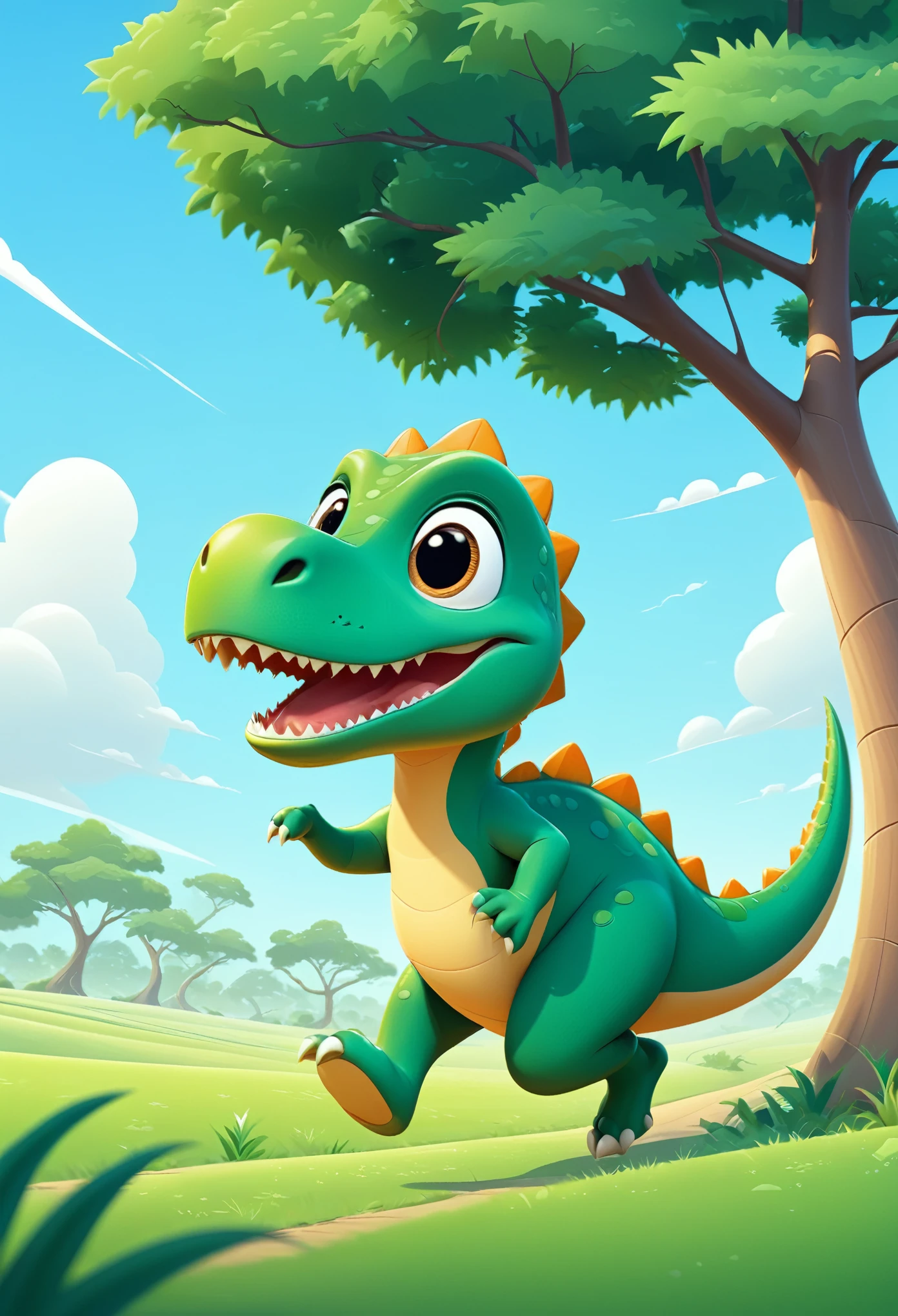 cute dinosaur running in the background of a wide field in a tree, uncomplicated images,Simply image,cute, move, action, cartoon, vector illustration, 2d flat, simple, detail, face,
hands, legs, body expert, modern, minimalist, graphic, line art, vector graphics,