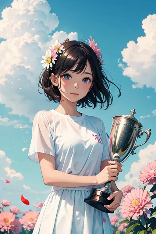 A trophy or a celebratory moment for a minimalist girl，White background with splashes of colors, Flowers, cloud, Sky 