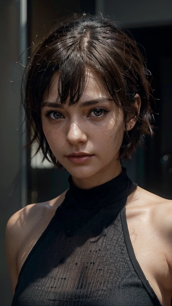 create images A young woman with short hair, dark and slightly messy, with bangs that fall softly on her A warrior. He has a serious expression and an intense look with large, dark eyes that stand out on his face.. Her skin is light and she has some visible freckles.. She wears a black top with straps. Your skin glows slightly, reflecting natural light, White background, realistic, 3D, style photorealistic anime 3 d stlyle, 2. 5 d cgi anime fantasy atwork, realistic anime style at prixiv, Artgerm ; 3D unreal engine