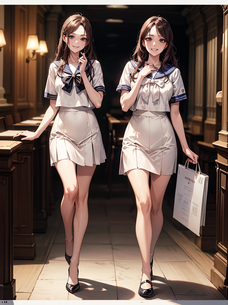 (Biologically correct limb count),Full body, including face,4K,Focus on the masterpiece face,Well-proportioned facial features,Delicate descriptive eyes,One beautiful woman、Excellent style,(White Sailor Suit,skirt),(Grin),Looking down,Photos with white borders,Look away from the camera,National Library,walking