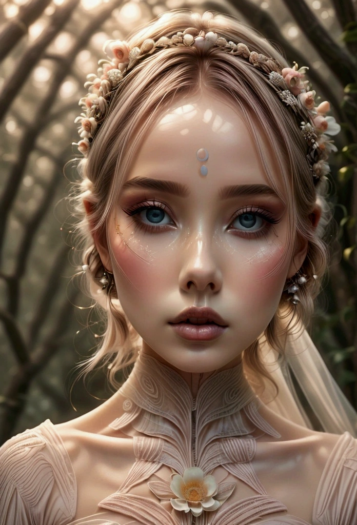 A woman with ethereal, natural makeup inspired by Terrence Malick, featuring soft, natural colors. Her face is adorned with beige, light pink, and peach, with minimal makeup and a dewy finish creating an ethereal, natural appearance