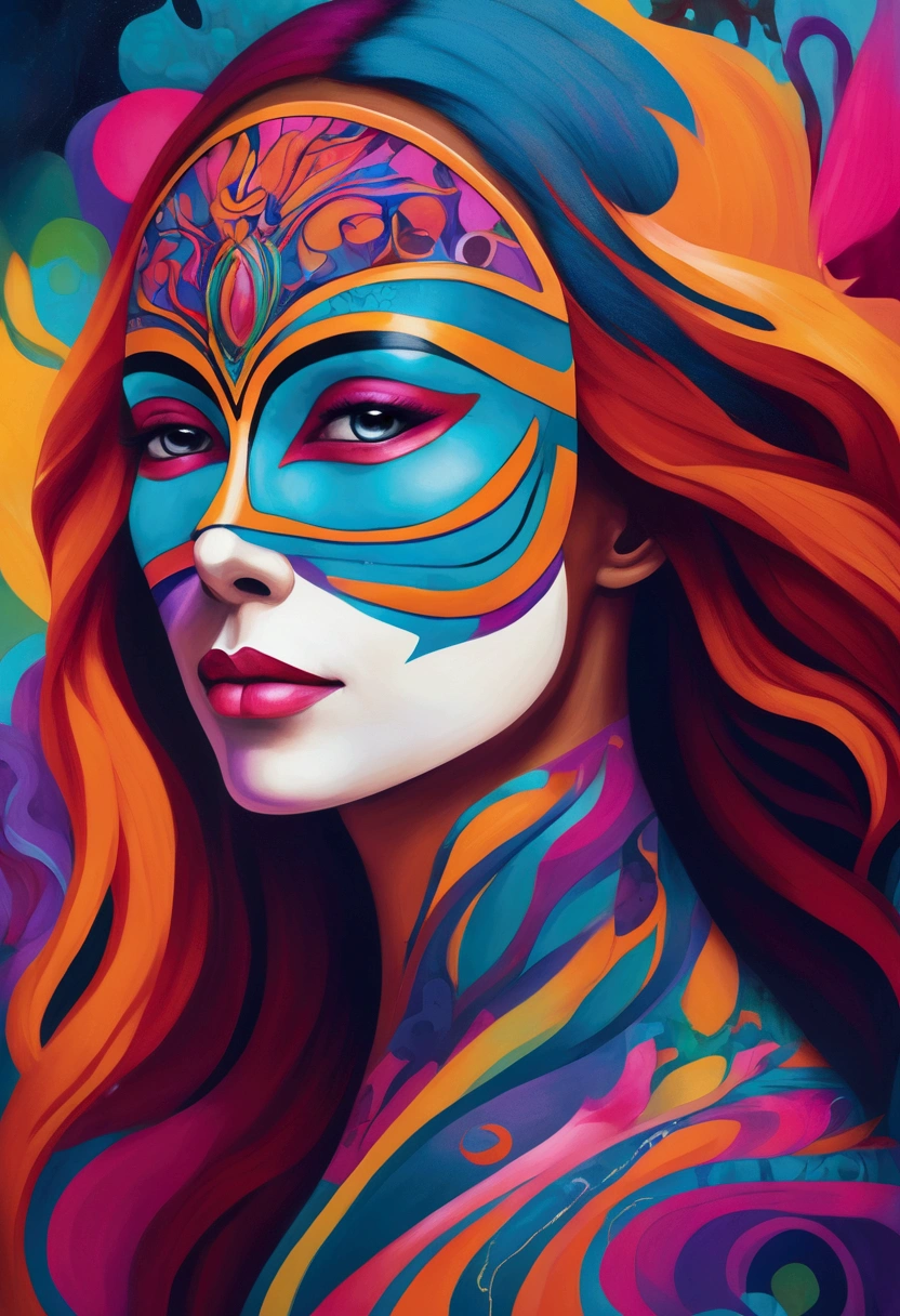 digitalpainting, A colorful, abstract portrait of a woman with vibrant, flowing hair and a decorative mask or face paint. The background is filled with whimsical, psychedelic patterns and shapes in a variety of bright, contrasting colors, bold and thin lines, brush strokes