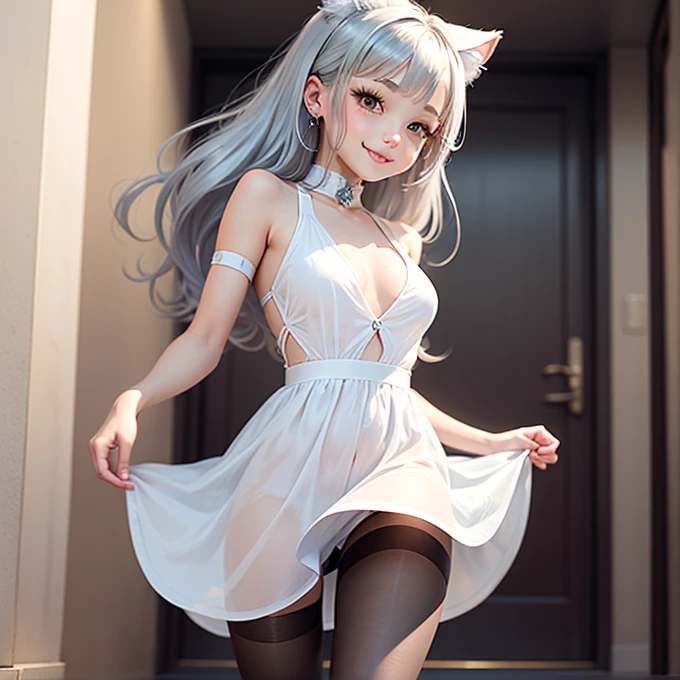 Chibi Character, A silver-haired girl with cat ears wearing a white dress, smile, mini skirt, See-through tights, Open-chested, ((I'm doing a performance))、(Stand microphone)、front、White House in the background