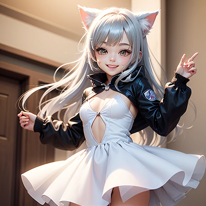 Chibi Character, A silver-haired girl with cat ears wearing a white dress, smile, mini skirt, See-through tights, Open-chested, ((I&#39;m doing a performance))、(Stand microphone)、front、White House in the background