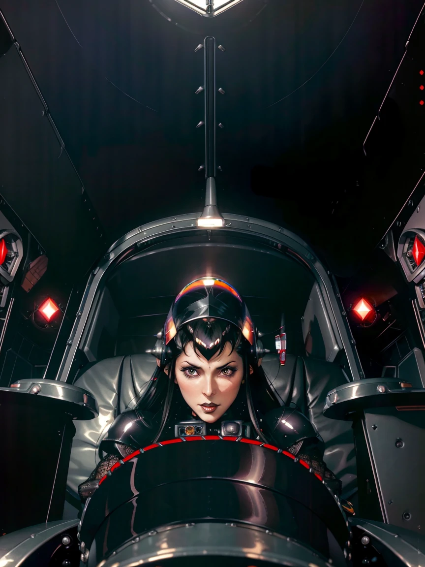 (((gothic vampire piloting) in gothic spacecraft)), (((retro anime))), (((from below))), ((120 fov)), ((((gothic)) control panels)), (((mature))), (((gothic))), (iridescent) bodysuit, ((((lace accessories)))), ((pilot seat)), ((((lying back)) pose)), (((elegant))), (((serious tone))), ((cockpit top control panel)), intricate control panel details, close-up, 1990s (style), masterpiece, ((claustrophobic)), best quality, screens, ((pilot helmet)), night, ((low key light)), (colorful cockpit lights), sparkles, (dramatic lighting), sweat, [blushing], [[pointy ears]], (dark background)