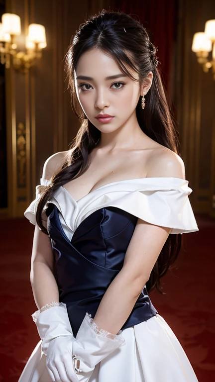 best quality, masterpiece, (Reality:1.4), 1 Girl, Cowboy shooting, Luxurious and elegant off-the-shoulder dress, Dramatic Lighting, Shoulder-length hair, White gloves, Five arms, Luxury hall background, night, Japanese Face Hole, Braided hair, Small Breasts