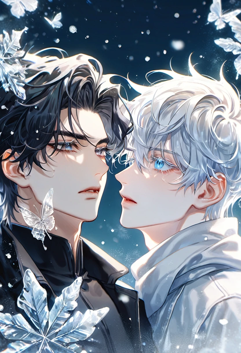 (absurdres, highres, ultra detailed, HDR) master piece, best quality, extremely detailed face, delicated features, Gojou Satoru, white hair, expressive blue eyes, white eyelashes, Omniscient Reader's Viewpoint, Yoo Joonghyuk, black hair, expressive gray eyes, two sexy men together, yaoi, gay couple, white coat, black coat, black tight shirt, scarf, snowing, snow, snowflakes, ice butterflies, night sky, magical, fantasy, winter