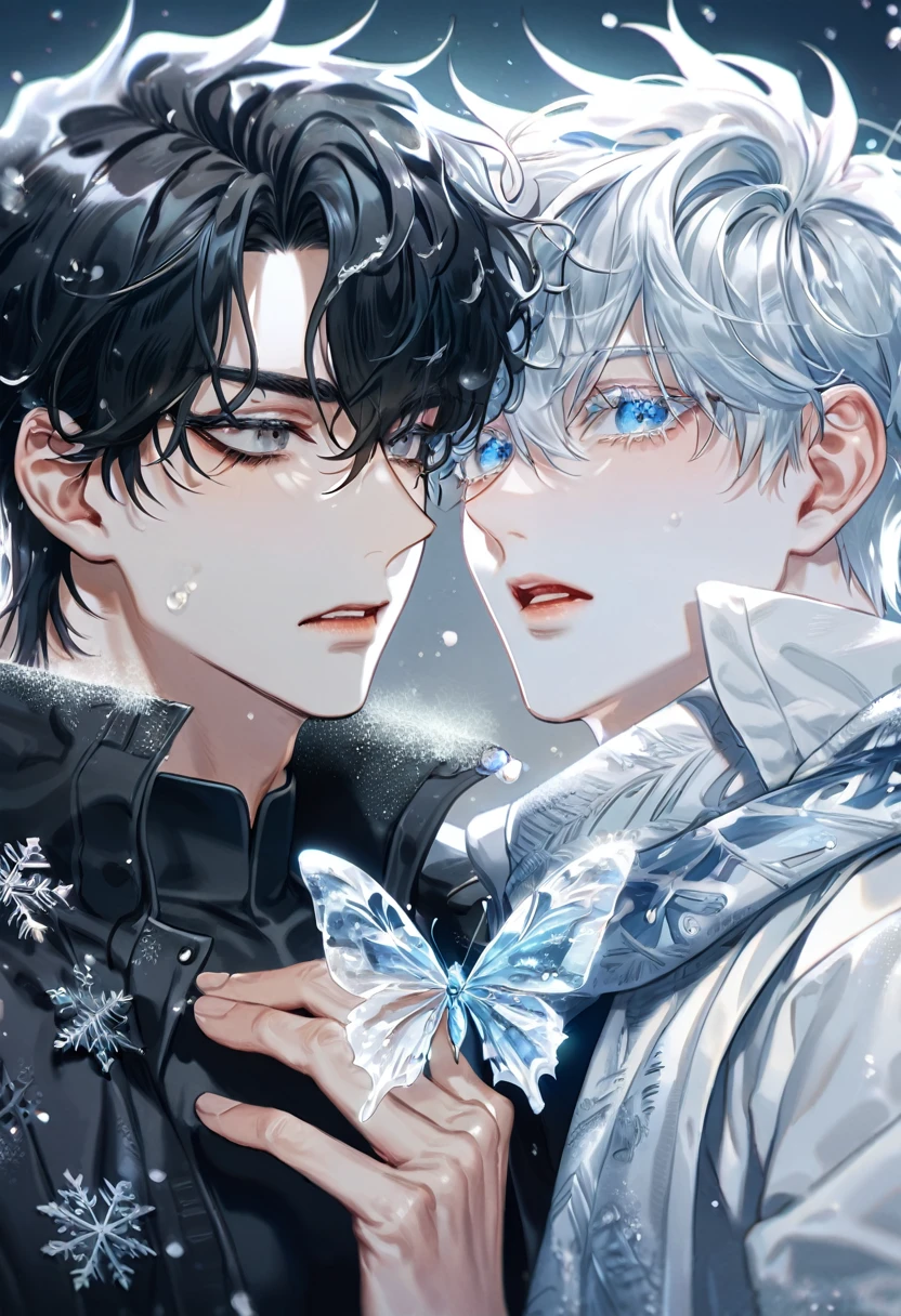 (absurdres, highres, ultra detailed, HDR) master piece, best quality, extremely detailed face, delicated features, Gojou Satoru, white hair, expressive blue eyes, white eyelashes, Omniscient Reader's Viewpoint, Yoo Joonghyuk, black hair, expressive gray eyes, two sexy men together, yaoi, gay couple, white coat, black coat, black tight shirt, scarf, snowing, snow, snowflakes, ice butterflies, night sky, magical, fantasy, winter