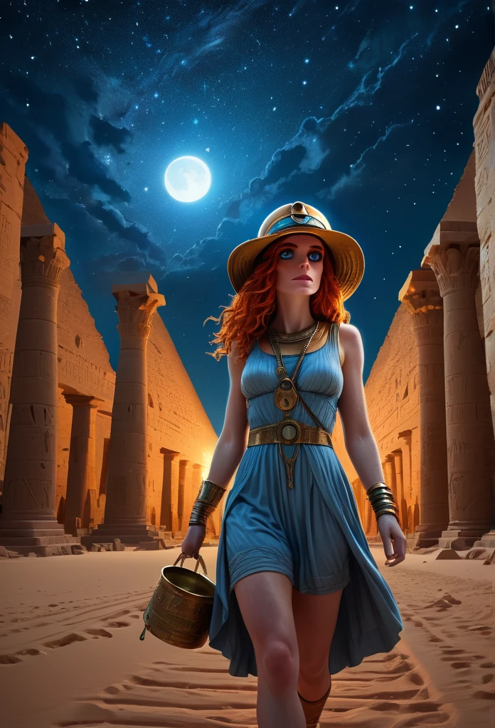 a cinematic picture of a beautiful redhead explorer, she wears a bucket hat, walking passionately in an enigmatic Egyptian Mega Pyramid with gigantic towering pillars, in a bright strange starry night and bluish moonlit, her eyes mesmerizingly Amazed, insanely detailed and intricate Ancient Egyptian Scene
