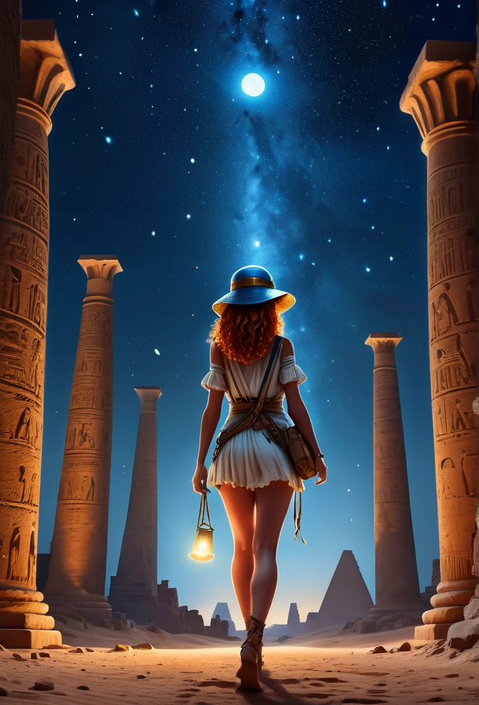 a cinematic picture of a beautiful redhead explorer, she wears a bucket hat, walking passionately in an enigmatic Egyptian Mega Pyramid with gigantic towering pillars, in a bright strange starry night and bluish moonlit, her eyes mesmerizingly Amazed, insanely detailed and intricate Ancient Egyptian Scene
