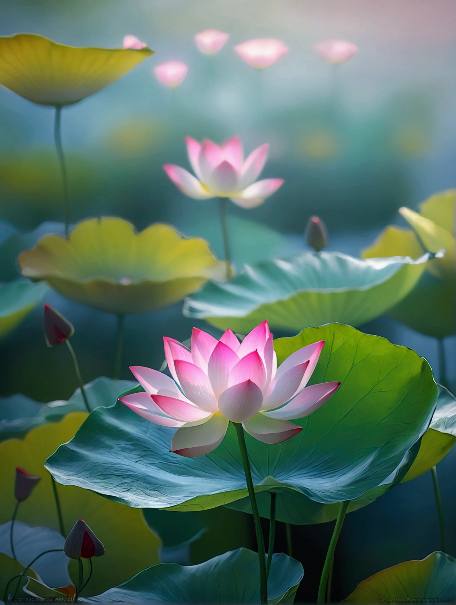 An unopened lotus，Lotus pink small，Lotus leaf emerald green，Vision，Small and elegant, Sunlight，Foggy，Ray Tracing, The picture is hazy，Ultra HD, Retina, masterpiece, precise, Super Detail,, High Detail, high quality, The award-winning, best quality, high resolution, 16K