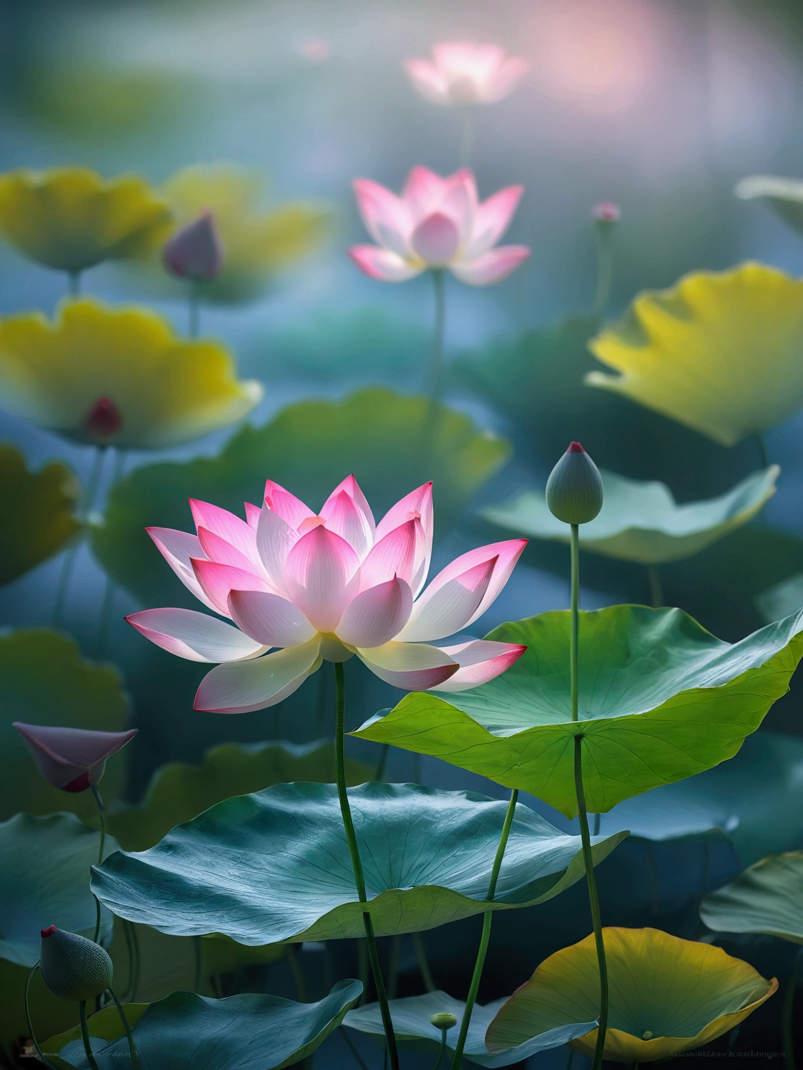 An unopened lotus,Lotus pink small,Lotus leaf emerald green,Vision,Small and elegant, Sunlight,Foggy,Ray Tracing, The picture is hazy,Ultra HD, Retina, masterpiece, precise, Super Detail,, High Detail, high quality, The award-winning, best quality, high resolution, 16K