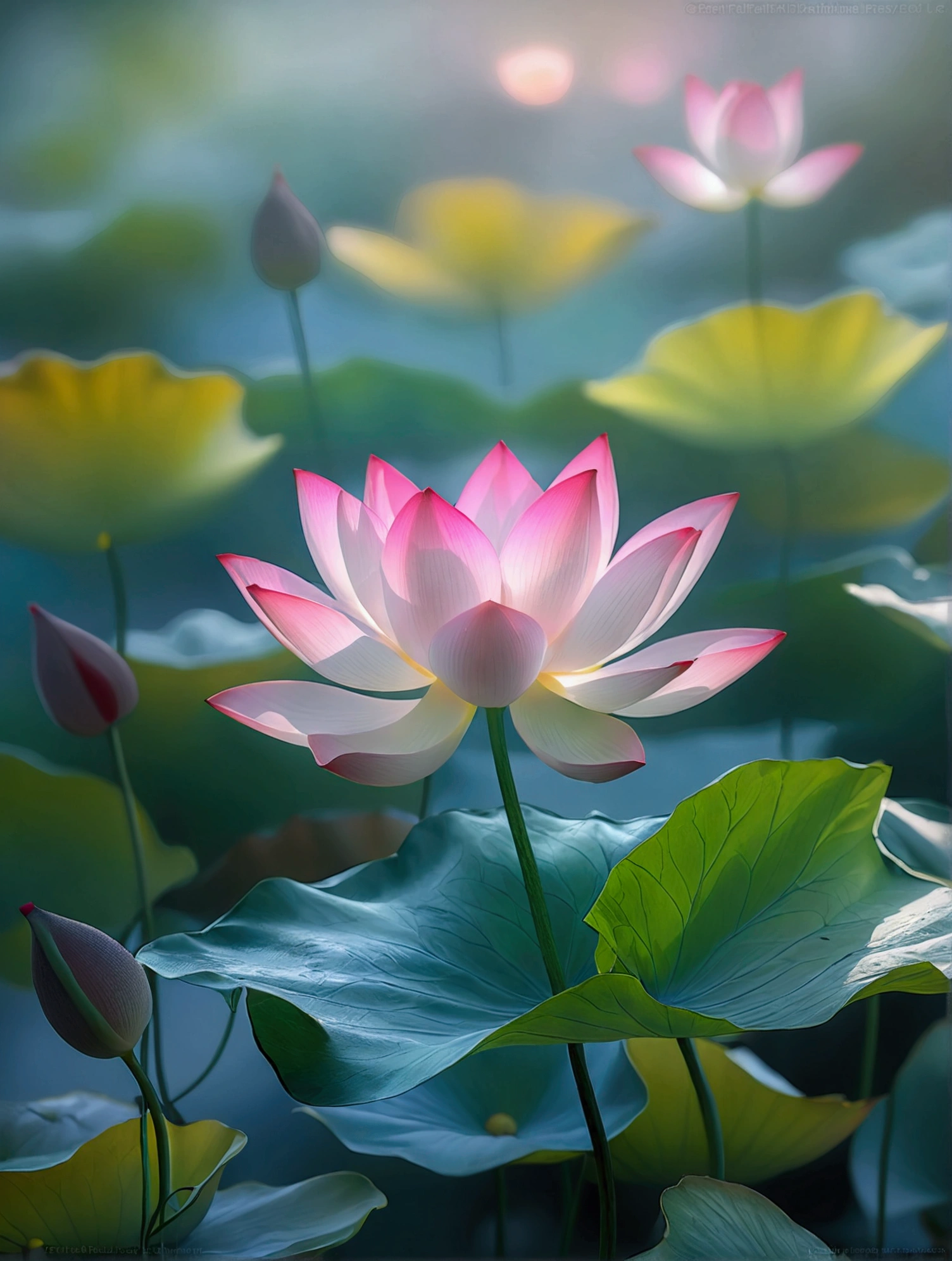 An unopened lotus,Lotus pink small,Lotus leaf emerald green,Vision,Small and elegant, Sunlight,Foggy,Ray Tracing, The picture is hazy,Ultra HD, Retina, masterpiece, precise, Super Detail,, High Detail, high quality, The award-winning, best quality, high resolution, 16K