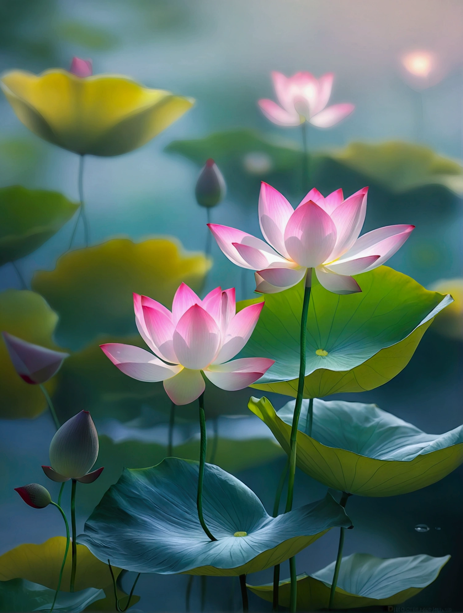 An unopened lotus,Lotus pink small,Lotus leaf emerald green,Vision,Small and elegant, Sunlight,Foggy,Ray Tracing, The picture is hazy,Ultra HD, Retina, masterpiece, precise, Super Detail,, High Detail, high quality, The award-winning, best quality, high resolution, 16K