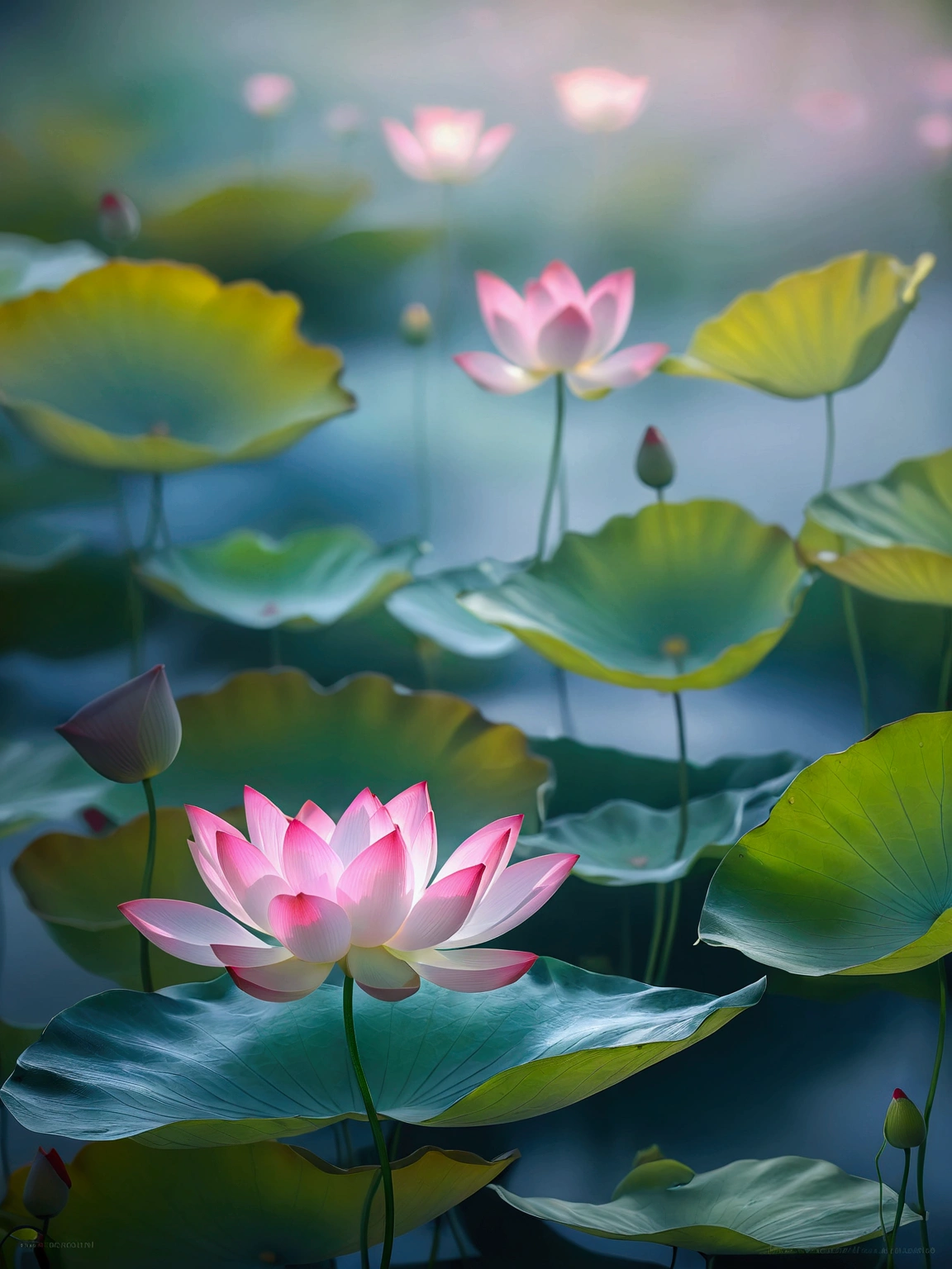 An unopened lotus，Lotus pink small，Lotus leaf emerald green，Vision，Small and elegant, Sunlight，Foggy，Ray Tracing, The picture is hazy，Ultra HD, Retina, masterpiece, precise, Super Detail,, High Detail, high quality, The award-winning, best quality, high resolution, 16K