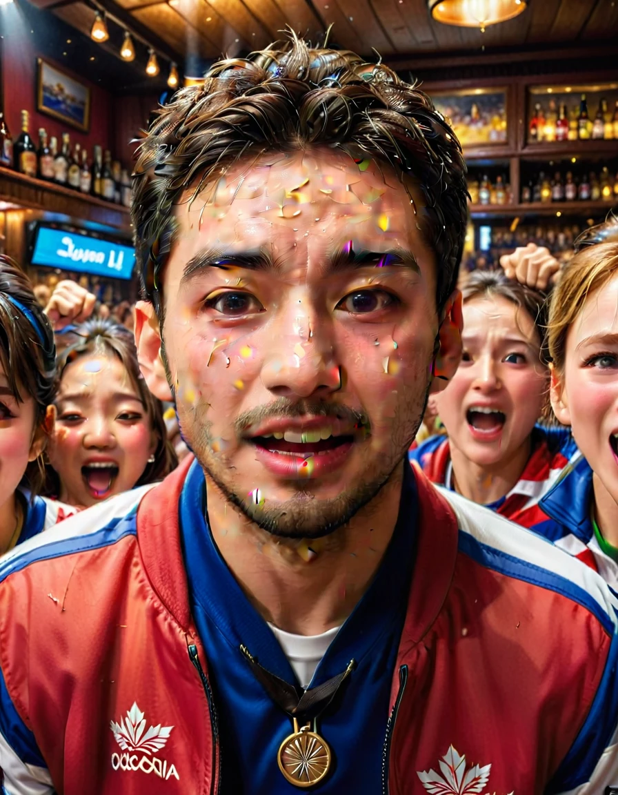 A large crowd celebrating the victory of their Olympic team at a sports bar、A person who sheds tears of joy々Detailed depiction of、Dramatic lighting、Ultra-realistic、Cinematic、Award-winning photography、Vibrant colors、Super detailed、8k、Highest quality、masterpiece