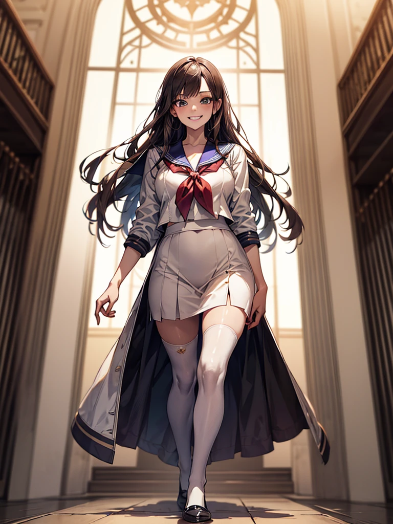 (Biologically correct limb count),Full body, including face,4K,Focus on the masterpiece face,Well-proportioned facial features,Delicate descriptive eyes,One beautiful woman、Excellent style,(White Sailor Suit,skirt,Black Stockings),(Grin),Looking down,Photos with white borders,Look away from the camera,National Library,walking