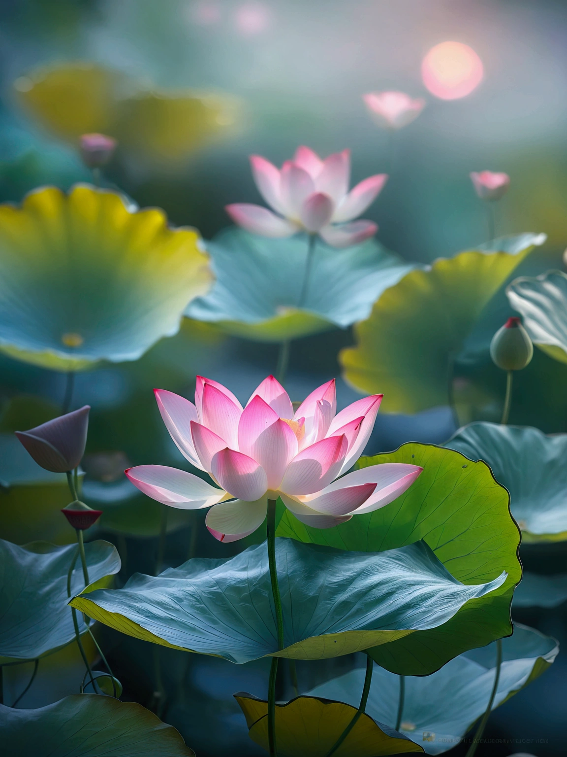 An unopened lotus,Lotus pink small,Lotus leaf emerald green,Vision,Close-up blur,Small and elegant, Sunlight,Foggy,Ray Tracing, The picture is hazy,Ultra HD, Retina, masterpiece, precise, Super Detail,, High Detail, high quality, The award-winning, best quality, high resolution, 16K