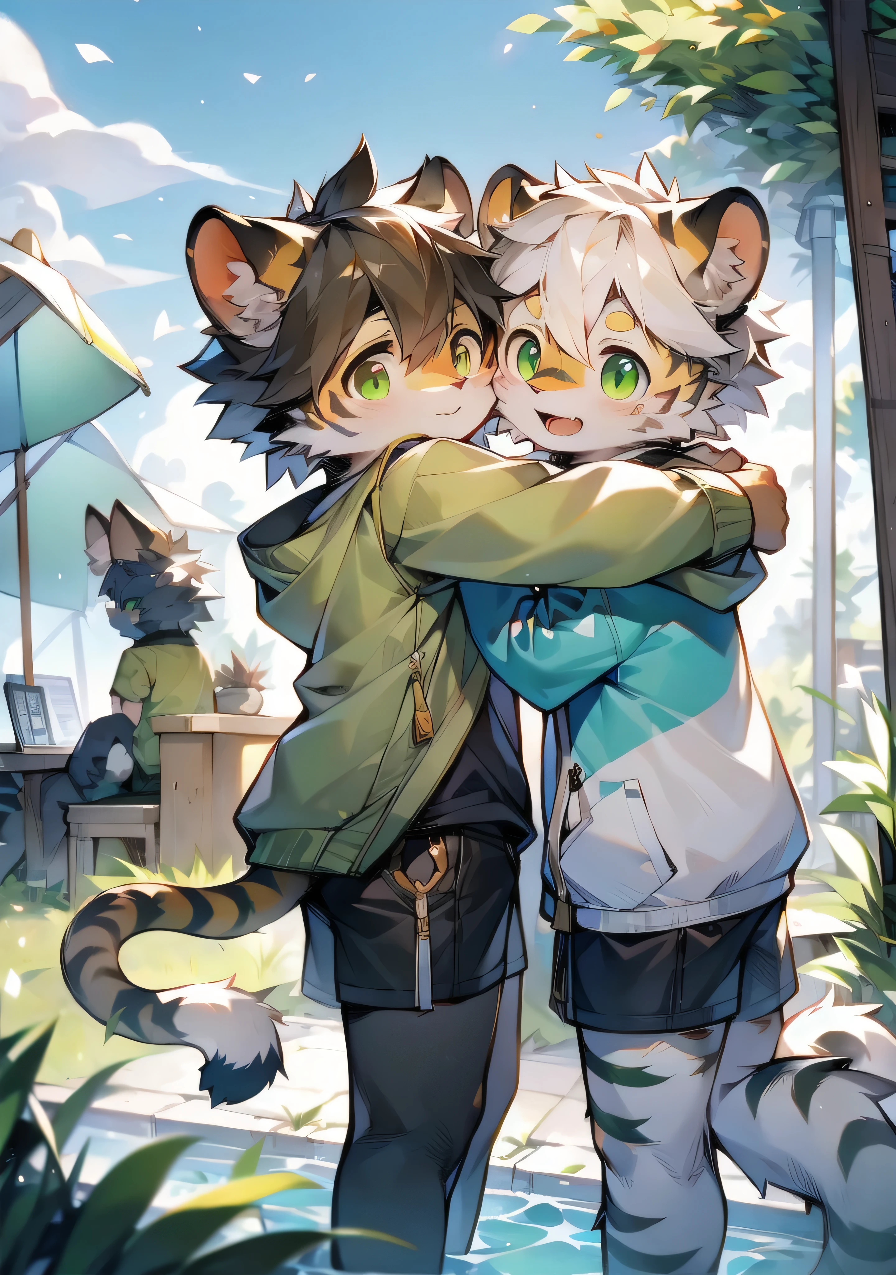 （Cat，Gray hair and green eyes，Yellow and white coat color，cute，vitality，Boys have strong sexual desire，,Wear a sweatshirt with a pink pattern，Lively cute，shorts, wind element，hairy），Digital artwork with light effects.（The two boys hugged each other），Two-body anthropology,hairy,Wild,(Digital media \(artwork\):1.2),(Hello，It's notHellong,Absurd answer:1.2),Perfect anatomical structure,Anatomically correct,detailed,detailed face,detailed eyes,(Realistic fur,detailed fur:1.25),detailed background,Amazing background. rest (author：little finger \(artist\):1.2),(author：Unreal Land,author：Junmi Kuroi,author：Milk Tiger 1145,author：Moki,author：Enamel 1,Through the oocyst:1.2),(author：Xia Huaiting:0.8),(Pino Deheny:0.8),(author：Sios SHelloru:0.8),(By Chuni:0.8).