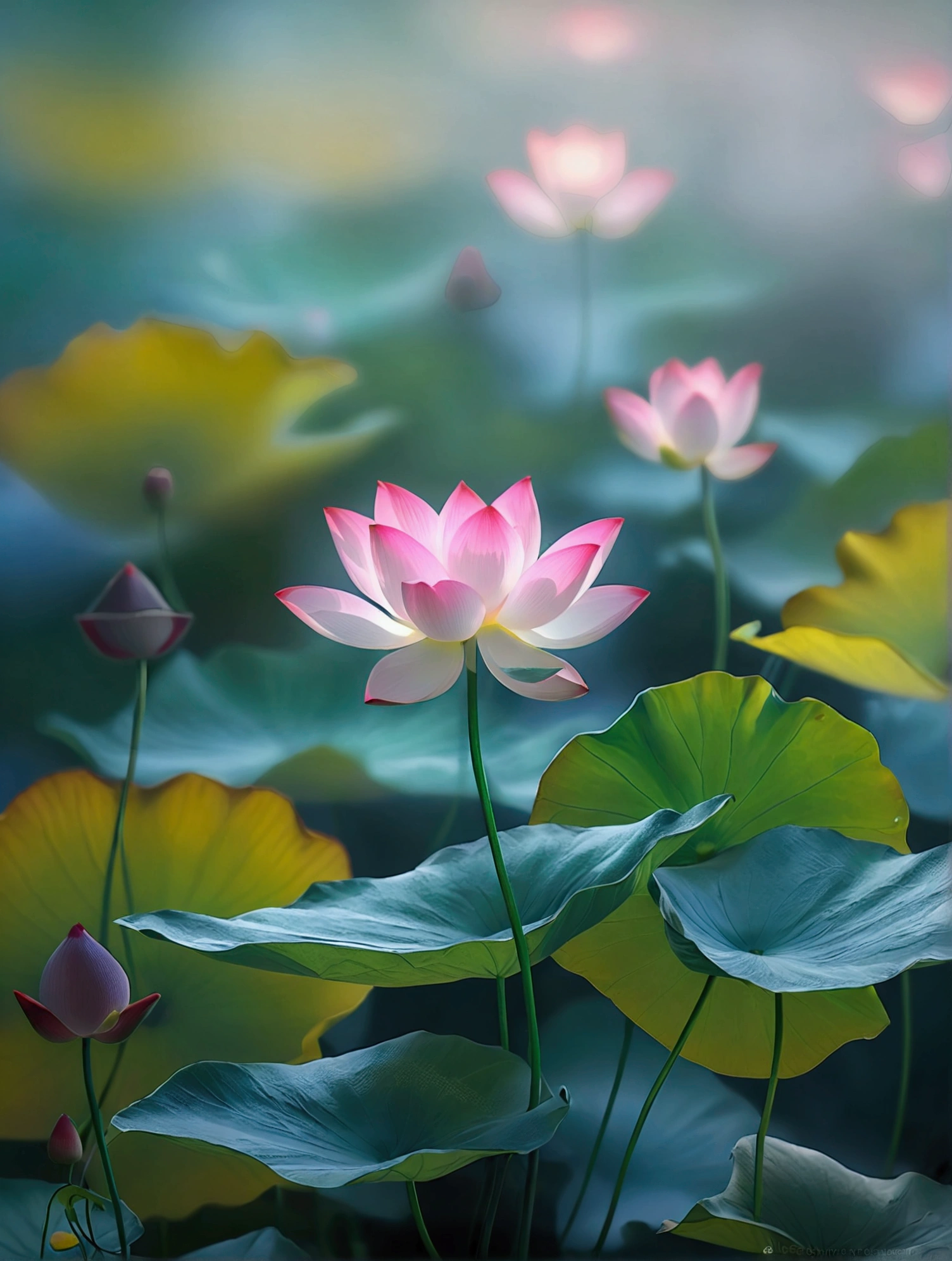 An unopened lotus,Lotus pink small,Lotus leaf emerald green,Vision,Close-up blur,Small and elegant, Sunlight,Foggy,Ray Tracing, The picture is hazy,Ultra HD, Retina, masterpiece, precise, Super Detail,, High Detail, high quality, The award-winning, best quality, high resolution, 16K
