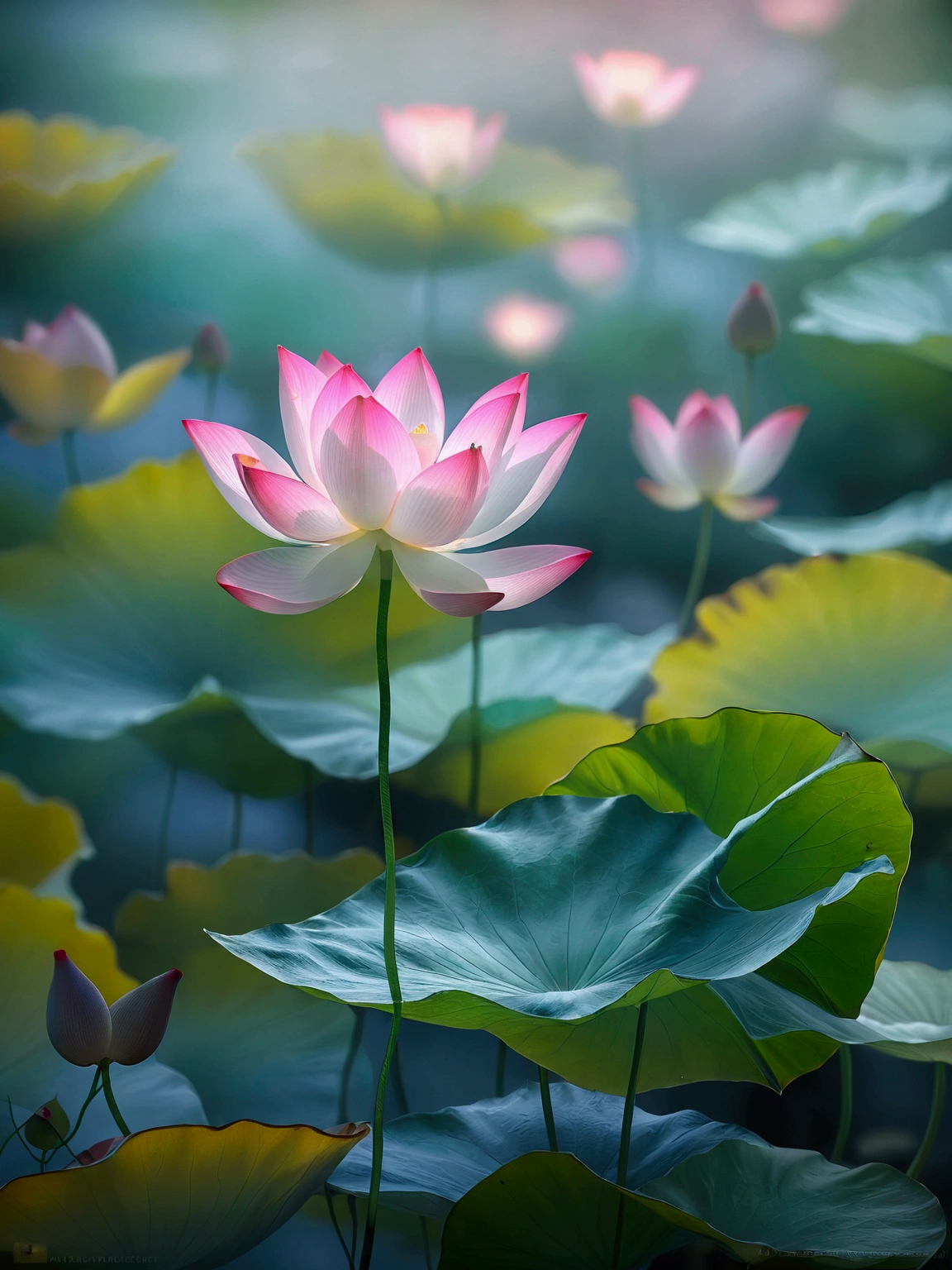 An unopened lotus,Lotus pink small,Lotus leaf emerald green,Vision,Close-up blur,Small and elegant, Sunlight,Foggy,Ray Tracing, The picture is hazy,Ultra HD, Retina, masterpiece, precise, Super Detail,, High Detail, high quality, The award-winning, best quality, high resolution, 16K