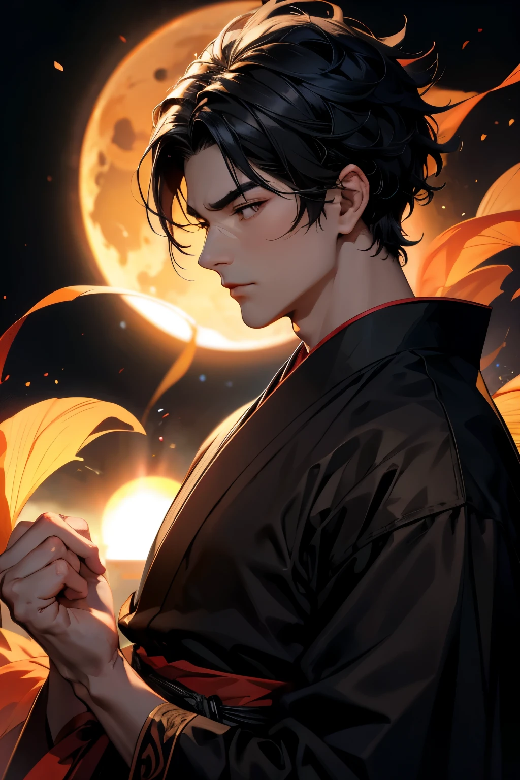 Male God。Upper body close-up。He is wearing a black hakama.。Solar eclipse background。hair is black。resolution,8k、masterpiece