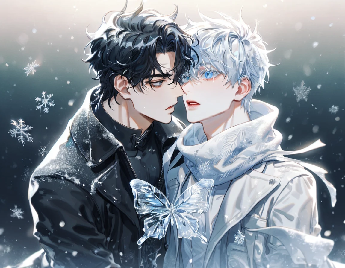 (absurdres, highres, ultra detailed, HDR) master piece, best quality, extremely detailed face, delicated features, Gojou Satoru, white hair, expressive blue eyes, white eyelashes, Omniscient Reader's Viewpoint, Yoo Joonghyuk, black hair, expressive gray eyes, two sexy men together, yaoi, gay couple, white coat, black coat, black tight shirt, scarf, snowing, snow, snowflakes, ice butterflies, night sky, magical, fantasy, winter