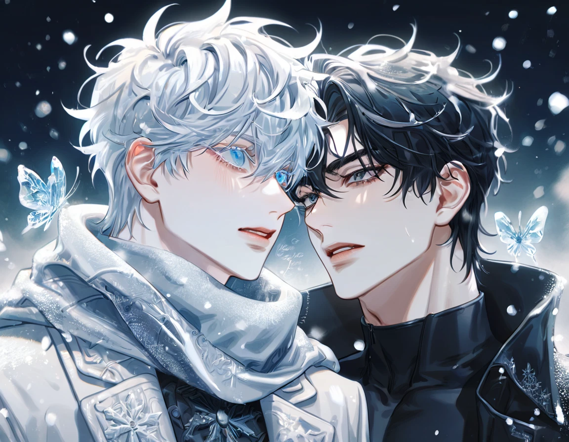 absurdres, highres, ultra detailed, HDR, master piece, best quality, extremely detailed face, delicated features, Kang Woojin, black messy hair, expressive dark blue eyes, Love Jinx, Gojou Satoru, white hair, expressive blue eyes, two sexy men together, gay couple, yaoi, handsome, toned chest, black coat, white sweater, black scarf, fantasy, magical, radiant, snowing, winter, snowflakes, white ice butterflies, ice lilies, school campus, zombies in the background 