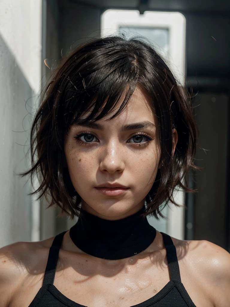 create images A young woman with short hair, dark and slightly messy, with bangs that fall softly on her A warrior. He has a serious expression and an intense look with large, dark eyes that stand out on his face.. Her skin is light and she has some visible freckles.. She wears a black top with straps. Your skin glows slightly, reflecting natural light, White background, realistic, 3D, style photorealistic anime 3 d stlyle, 2. 5 d cgi anime fantasy atwork, realistic anime style at prixiv, Artgerm ; 3D unreal engine