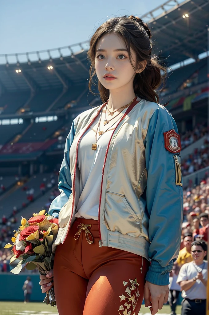 (((best quality))),(((ultra detailed))),(((masterpiece))),illustration,((1girl,athlete,solo)),stadium,podium,(((red sports jacket,red tight-fitting sports pants))),(necklace of gold medal:1.5),(bouquet of flowers:1.2),neatly tied back hair,striking facial features,determination,pride,smile,confidence,joy,excited crowd,applause,spectators,team colors,flags,banners,lush green grass,clear blue sky,stadium architecture,towering columns,grandeur,scoreboard,victory,determination,perseverance,triumph