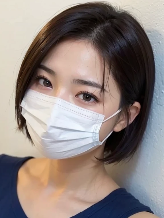White wall、Close-up of an 18-year-old woman wearing a mask and a blue top、Roll up your blue top、Dark Eyes、smile、Medium Short Hair、Yoshitomo Nara, shikamimi, Chiho, mayuri shiina, A real young gravure idol, beast, , Kotegawa Yui, 8k、narumi kakinouchi