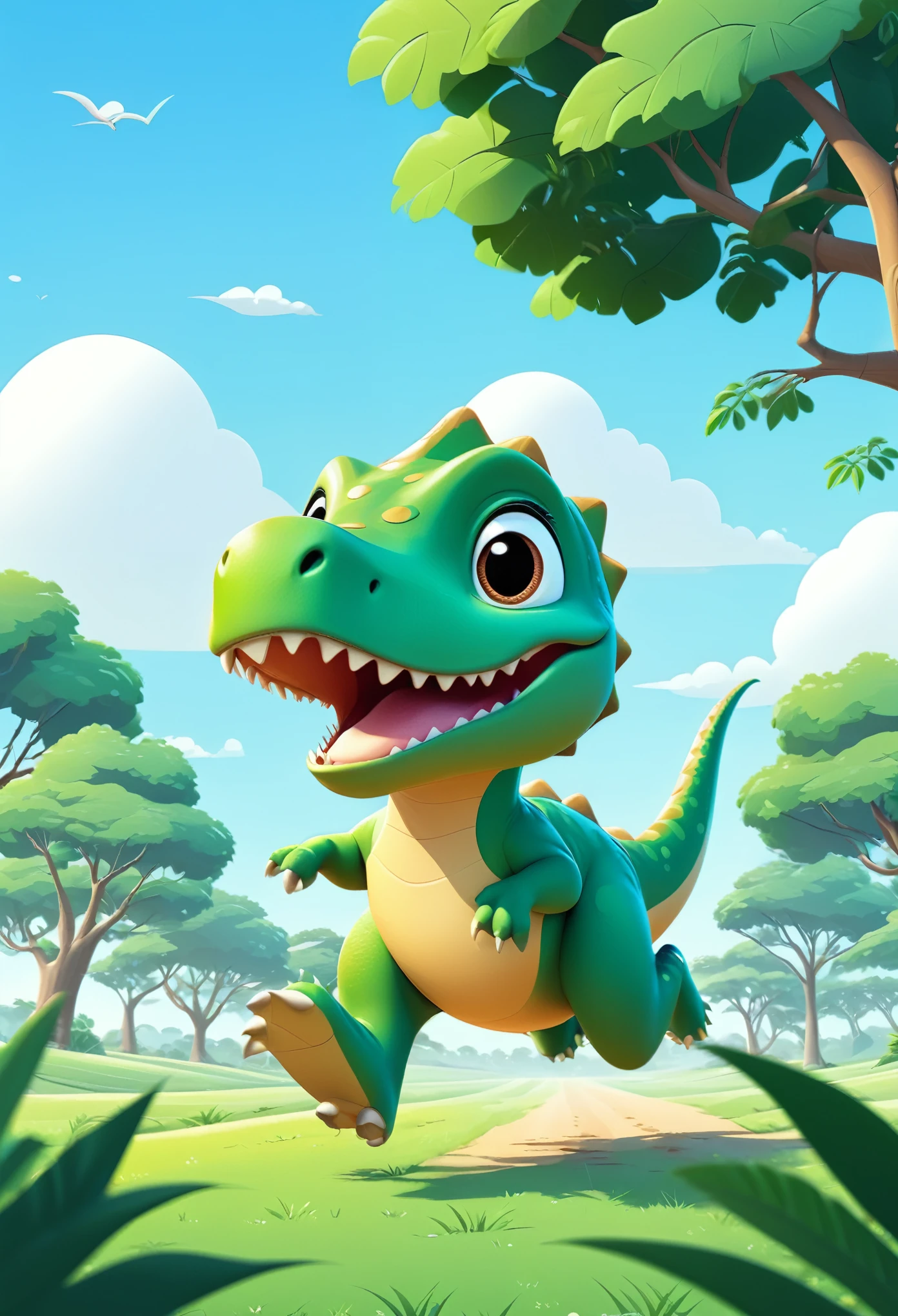 cute dinosaur running in the background of a wide field in a tree, uncomplicated images,Simply image,cute, move, action, cartoon, vector illustration, 2d flat, simple, detail, face,
hands, legs, body expert, modern, minimalist, graphic, line art, vector graphics,