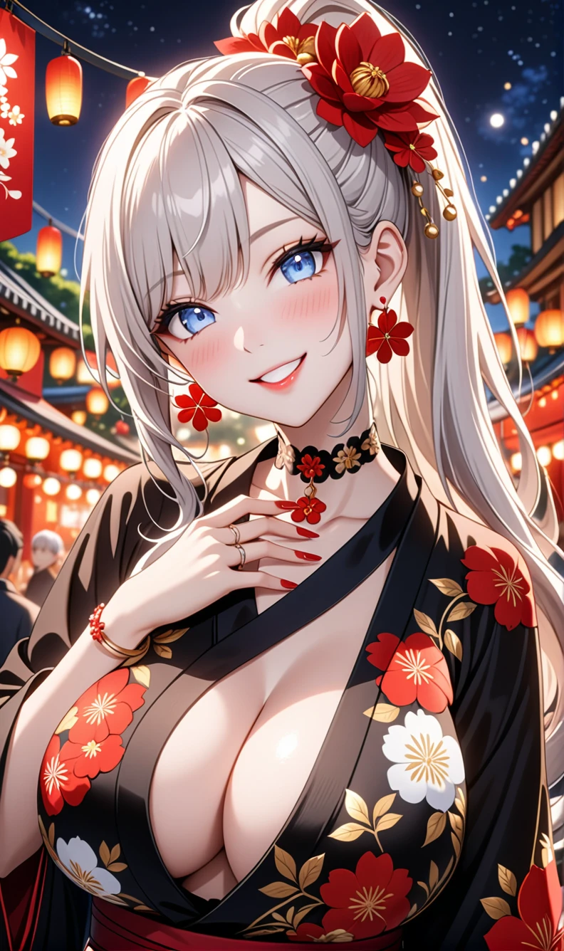 ultra-detailed, ((one girl)), (pale skin:1.5), fair-skinned gyaru, ((Girl in black kimono)), (heavy makeup), hyper detailed, absurdres, 8k, Beautiful Face, (Laugh shyly), ((teasing smile:1.2)), ((happy smile:1.4)), ((Wink:1.4)), (Laugh with your mouth wide open), ((Tilt your face:1.6)), View your viewers, ((full-face blush:1.3)), Glossy Red Lips, ((huge breasts:1.6)), summer, night, Small park, Festival Venue, ((Anime style background)),masterpiece, Highest quality, Latest, Complex details, ((red long nail:1.2)), (ring),(bracelet), (Floral Choker),AI-generated, Complex,High resolution, Highest quality, super high quality,3D Images、3D Images,One person, (Silver White hair),Long Hair, (White high ponytail), (wavy hair:1.3)), Anime woman posing for a photo, ((Eyes with detailed pupils、blue eyes、glowing eyes:1.3)), (Squint your eyes:1.1),a hyperRealistic , hyperRealistic , Realistic,Anime woman with long white hair, Smooth anime CG art, ((A girl in a gorgeous black kimono:1.2)), ((black furisode:1.3)),Gold embroidery, (Large floral pattern in red color), (Long red flower hair ornament),(big floral earrings), Mature Body, tall,Narrow waist, (model posing), (extreme close-up shot),