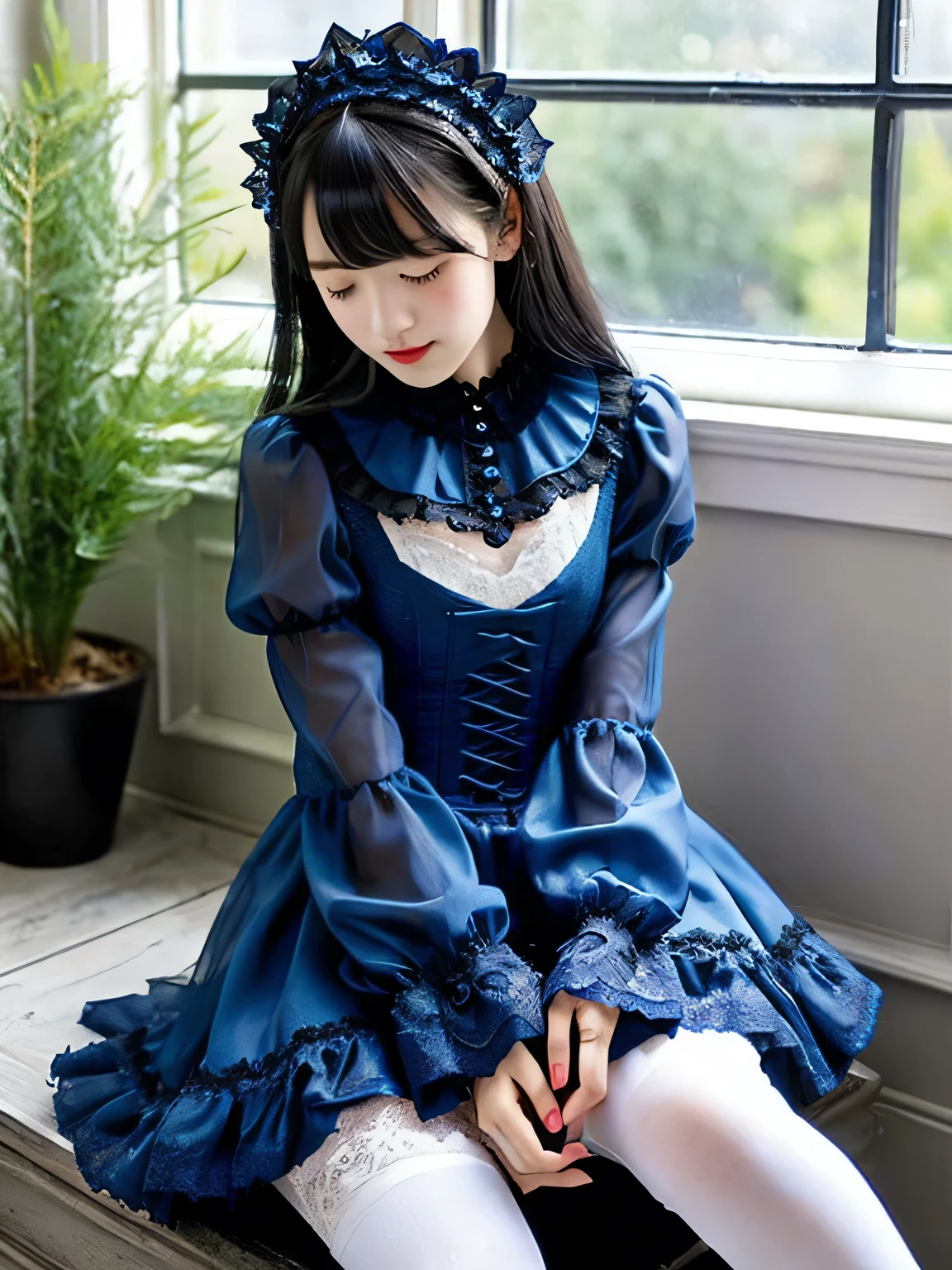 ((masterpiece)),((best quality)),(Very detailed),(number),((Very delicate and beautiful)),(Dynamic Angle), 
A teenage girl, Flowers, spring, Next to the window, Rose, Very long hair, Delicate face, Long eyelashes,  Flowers in the Eyes,  Ruffled sleeves, corset, Headdress, PRİNCESS, 
Black eyes,   Eyes wide open, Sunlight, dawn, Sunlight,  Dark blue satin dress, Long sleeve、Puff sleeves、Rose, Long straight hair、Straight cut bangs、Black Hair, patterned clothes,  (Gothic:1.4), Platform high heels, Dark blue knee socks,