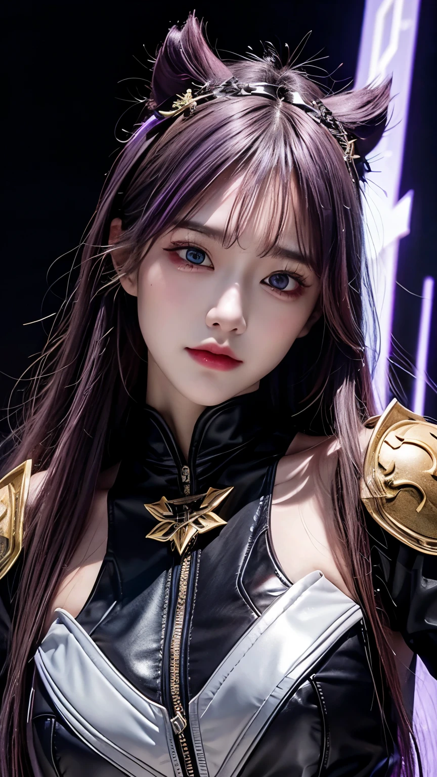 Masterpiece, best quality, detail, depth of field, ultra-realistic, realistic face and eyes, realistic skin texture, cinematic lighting, eyes to see the audience. 1 girl, solo, (frown, closed mouth), keqing_\(genshin_impact\), purple_eyes, purple hair, double tail, sharp eyes, serious face, gloves, black stockings, outdoor, purple lightning, fileg, lightning glowing sword, purple lightning, upper body