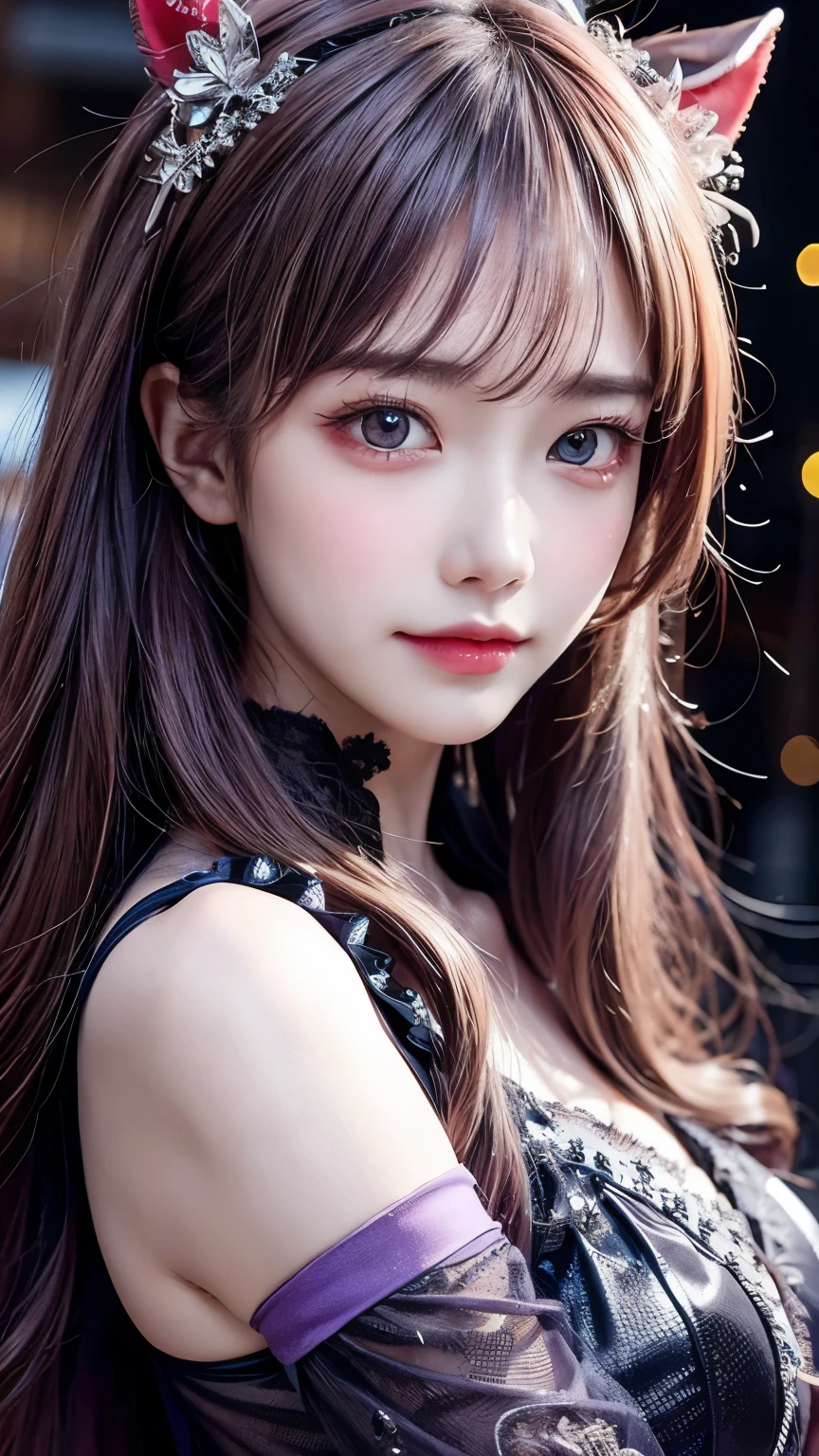 Masterpiece, best quality, detail, depth of field, ultra-realistic, realistic face and eyes, realistic skin texture, cinematic lighting, eyes to see the audience. 1 girl, solo, (frown, closed mouth), keqing_\(genshin_impact\), purple_eyes, purple hair, double tail, sharp eyes, serious face, gloves, black stockings, outdoor, purple lightning, fileg, lightning glowing sword, purple lightning, upper body