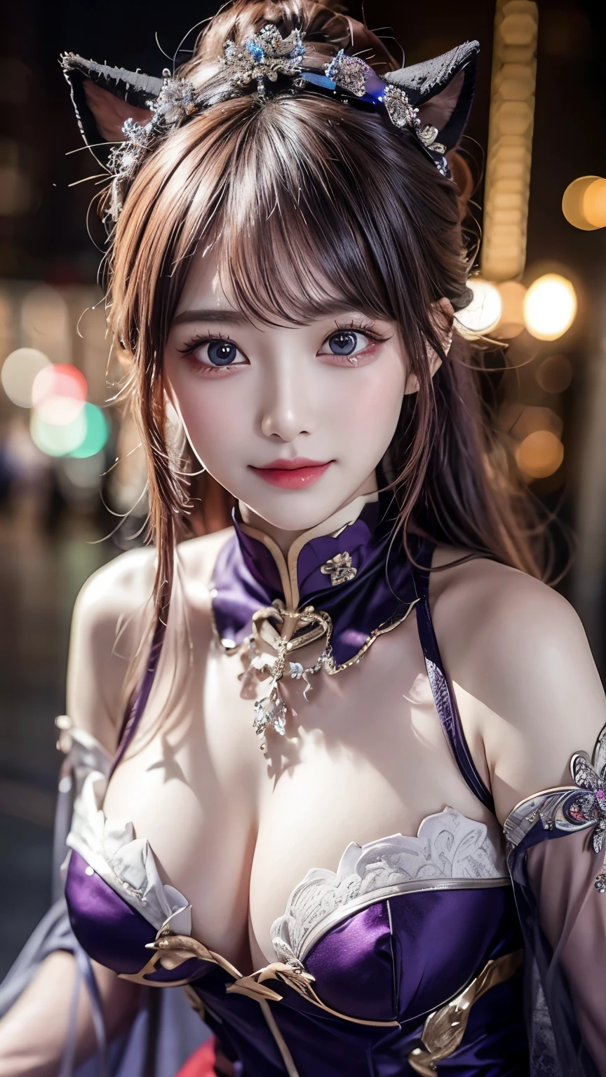 Masterpiece, best quality, detail, depth of field, ultra-realistic, realistic face and eyes, realistic skin texture, cinematic lighting, eyes to see the audience. 1 girl, solo, (frown, closed mouth), keqing_\(genshin_impact\), purple_eyes, purple hair, double tail, sharp eyes, serious face, gloves, black stockings, outdoor, purple lightning, fileg, lightning glowing sword, purple lightning, upper body