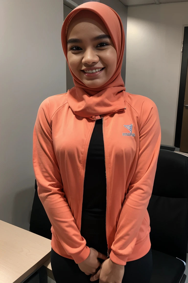 24 year old age malay woman with hijab,smiling,wearing jacket,wearing tight pants,office background