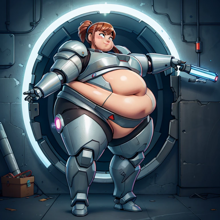 a cartoon picture of a woman in a futuristic suit with a gun, shotgun, two handed gun, firearm, longarm, fat sexy, professional artwork, detailed eyes, beautiful eyes, beautiful face, flawless face, gorgeous face, smooth features, blush, thick thighs, beautifully detailed background, sci-fi, science fiction, future, neon lights, space ship interior, space ship, space, space visible through window, outer space, mechanical background, power armor, power suit, armored, armor, cyberpunk, cyborg, cyborg woman, cybernetics, cybernetic, robot, robotic arm, robotic leg, smiling, pixie cut, very short hair, black armor, heavy armor, mecha suit, retro armor, bare metal armor, rust, dark armor suit, armor suit, metal breastplate, fully armored, full plate, power armor, fully covered, voluptuous, thicc, chubby, full body plus, SSBBW 