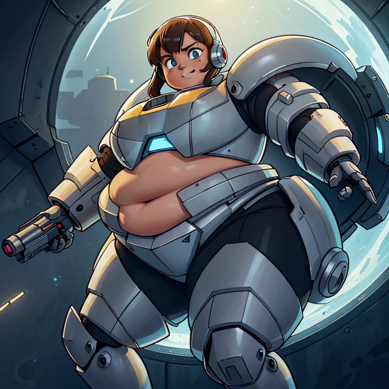 a cartoon picture of a woman in a futuristic suit with a gun, shotgun, two handed gun, firearm, longarm, fat sexy, professional artwork, detailed eyes, beautiful eyes, beautiful face, flawless face, gorgeous face, smooth features, blush, thick thighs, beautifully detailed background, sci-fi, science fiction, future, neon lights, space ship interior, space ship, space, space visible through window, outer space, mechanical background, power armor, power suit, armored, armor, cyberpunk, cyborg, cyborg woman, cybernetics, cybernetic, robot, robotic arm, robotic leg, smiling, pixie cut, very short hair, black armor, heavy armor, mecha suit, retro armor, bare metal armor, rust, dark armor suit, armor suit, metal breastplate, fully armored, full plate, power armor, fully covered, voluptuous, thicc, chubby, full body plus, SSBBW 