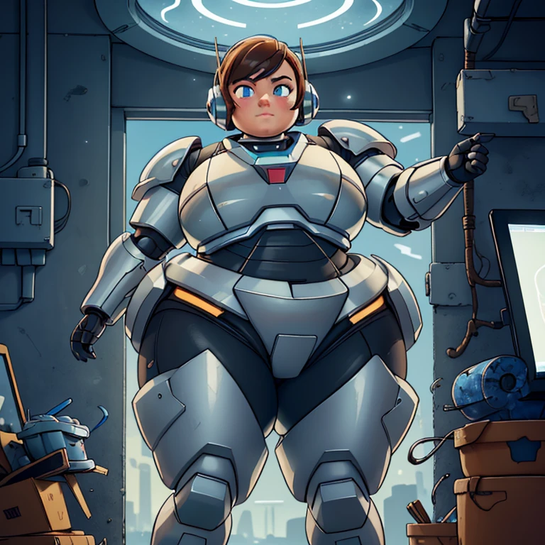 a cartoon picture of a woman in a futuristic suit with a gun, shotgun, two handed gun, firearm, longarm, fat sexy, professional artwork, detailed eyes, beautiful eyes, beautiful face, flawless face, gorgeous face, smooth features, blush, thick thighs, beautifully detailed background, sci-fi, science fiction, future, neon lights, space ship interior, space ship, space, space visible through window, outer space, mechanical background, power armor, power suit, armored, armor, cyberpunk, cyborg, cyborg woman, cybernetics, cybernetic, robot, robotic arm, robotic leg, smiling, pixie cut, very short hair, black armor, heavy armor, mecha suit, retro armor, bare metal armor, rust, dark armor suit, armor suit, metal breastplate, fully armored, full plate, power armor, fully covered, voluptuous, thicc, chubby, full body plus, SSBBW 