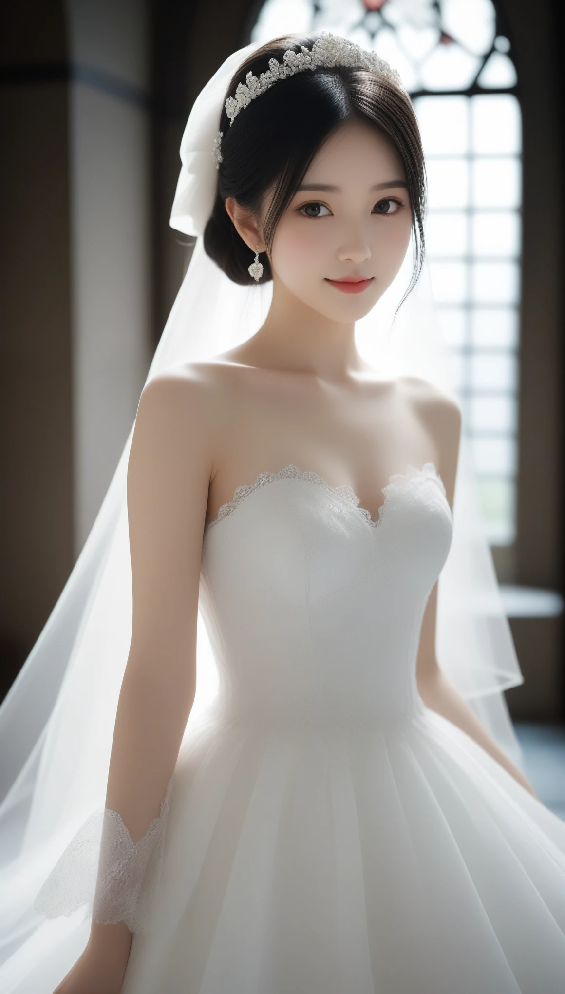 8k, Ultra-high resolution, Highest quality, masterpiece, 三分割法によるphotograph,Surreal, photograph, 1 Girl, (16 years old:1.3), pretty girl, Cute Face, Beautiful eyes in every detail, 細かくdetailedに,masterpiece,One Girl:1.2,Japan Female Teachers,full body,light smile,Long black hair,Straight long hair,(印象派の美しい少女のPortraiture),(Impressionist light and colour), (White Wedding Dress:1.3),(Fairy, bride, Shiny Hair, Beautiful dark eyes, So cute and beautiful,16 years old, ), (smile:0.8),Sharp contours,Looking down, (Wedding Veil,White lace), ((Gothic cathedral)), (Stained Glass Windows:1), indoor, Light from above, Low contrast, (Side view),, Perfect and beautiful face ,完璧でCute Face, Skin with attention to detail, Perfect limbs、Narrow waist,Looking at the audience,(((Ideal body type))),A cup small breasts :2,Portraiture:2,Perfect Anatomy,鮮明なdetailed,detailed,Surreal,Light and shadow,glowing