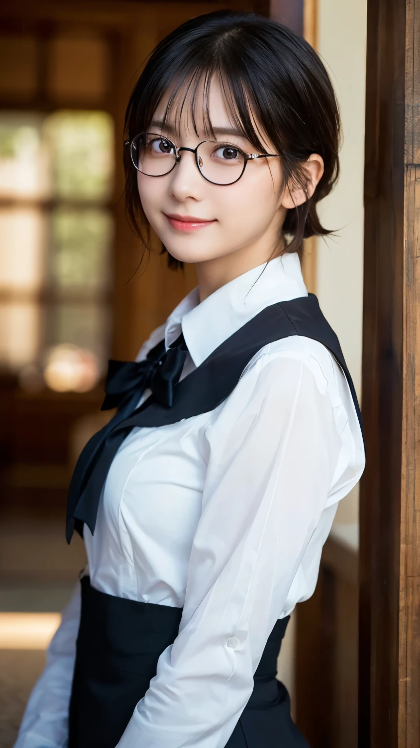 (Highest quality,masterpiece:1.3,Ultra-high resolution),(Very detailed,Caustics,8k),(Realistic:1.4,RAW shooting),A girl dressed as a butler,Japanese,boyish,smile,20-year-old,Short black hair,Glasses,Looking into the camera,Inside the Western-style building,Waist up shot,front,Face Focus,Face close-up,(Warm Light),Professional Writing