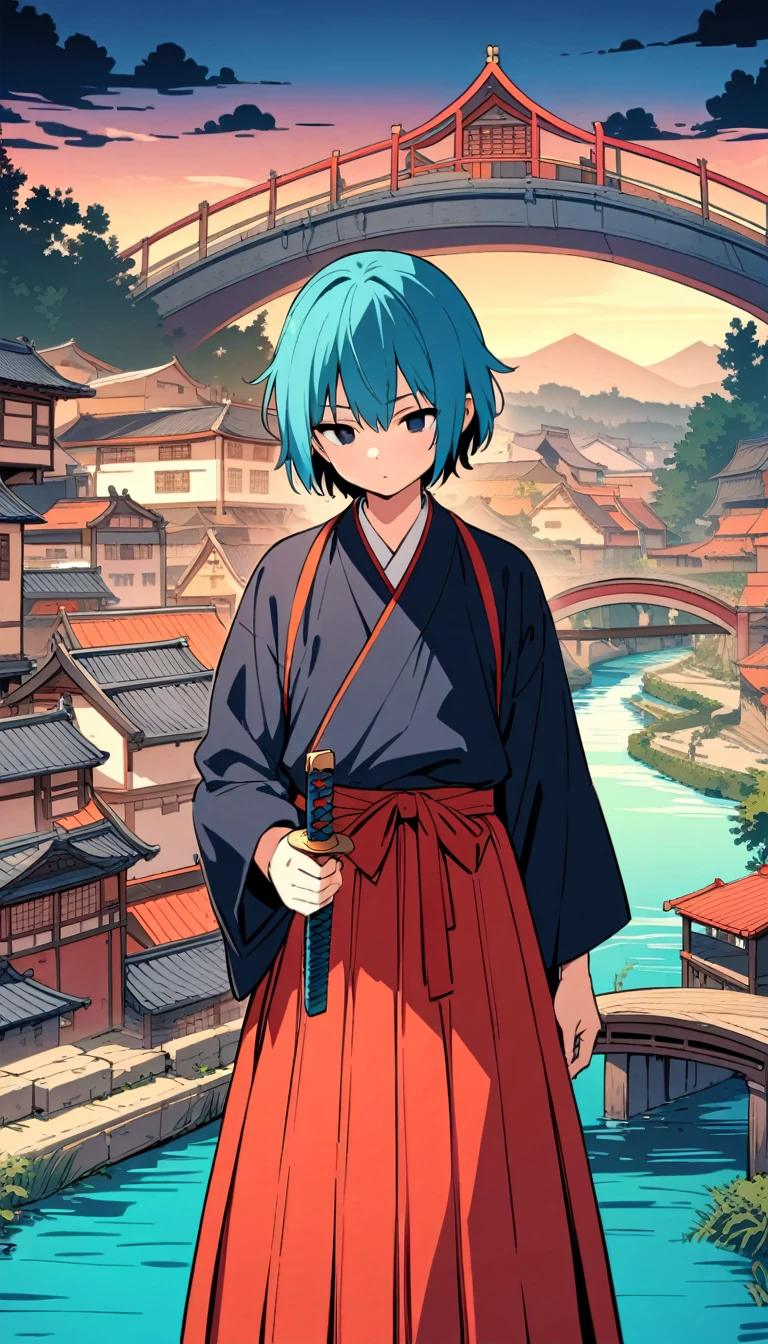 masterpiece, Highest quality, Beautiful attention to detail, Very detailed, In detail, High resolution, Perfect Anatomy, colorful, One boy, alone, (Edo period illustrations), Edo period-like background,(City Pop Anime), (river, bridge), Fashion like samurai hakama, Cowboy Shot,Attack by wrapping fire around the sword,Japanese sword,Samurai with,18-year-old,black eye,bluish hair