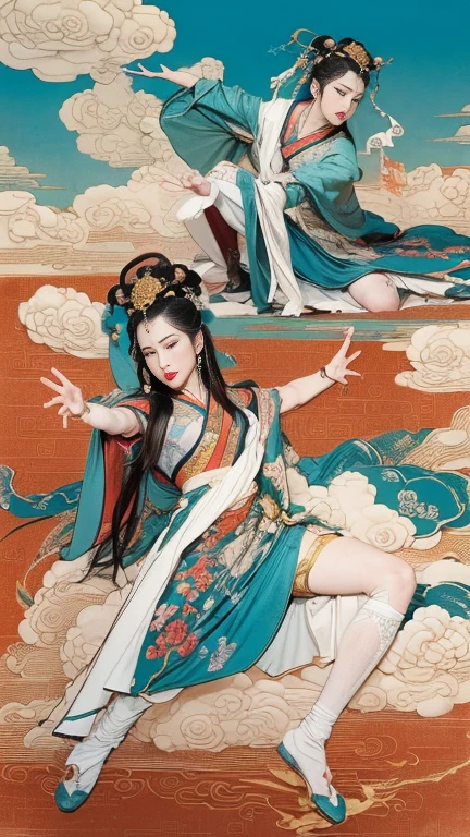 (masterpiece, Top quality, best quality, Official Art, beauty:1.2),(最詳細清晰的contour和五官:2.0,contour:1.0) (1 Chinese Goddess:1.5), Very detailed,(Dunhuang艺术:1.1),(Dunhuang,rich and colorful:1.1)(Flowers:1.3),Most detailed,(tangled:1.2), (Dynamic poses,Show your thighs:2.0), (blue sky white clouds moon background:1.3), (Chinese embroidered Hanfu:1.2), (Glowing skin,Camel toe:1.2), (Many colors:1.4), ,(earrings:1.4),