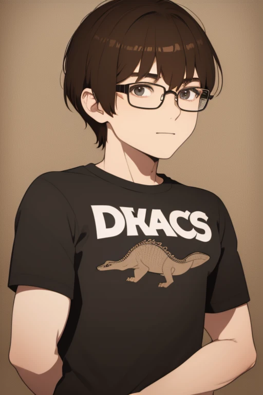 nerdy boy in glasses with brown hair, hair with bangs, dinosaur t-shirt